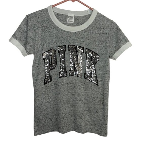 PINK Victoria's Secret Silver Sequin Logo Heather Gray T-Shirt Top Size Small - Picture 1 of 4